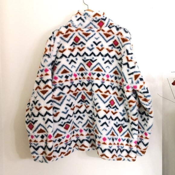 Eddie Bauer White Aztec Print Teddy Plush Fleece Pullover Quarter Zip Up Jacket - Picture 5 of 5